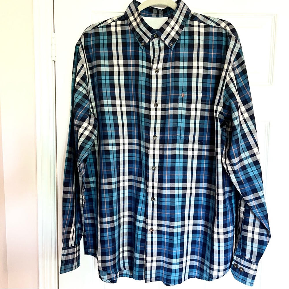 Izod Men's Blue/Ivory/Grey  Plaid Button Down Shirt Size Large